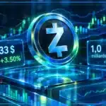 Symbole Zcash en 3D sur une tablette de trading, avec graphique en bougies, supports et résistance.